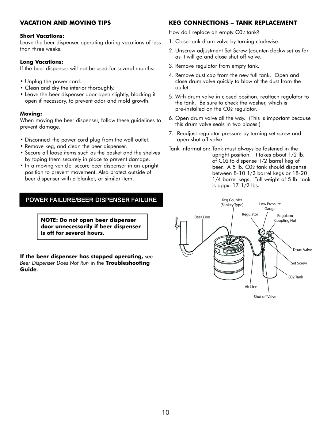 Sears 183.91579 manual Vacation And Moving Tips, Power FAILURE/BEER DISPENSER FAILURE, KEG Connections Tank Replacement 